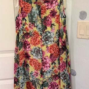 Signature by Robbie Bee Yellow Floral Print Dress with Pink and Green Accents